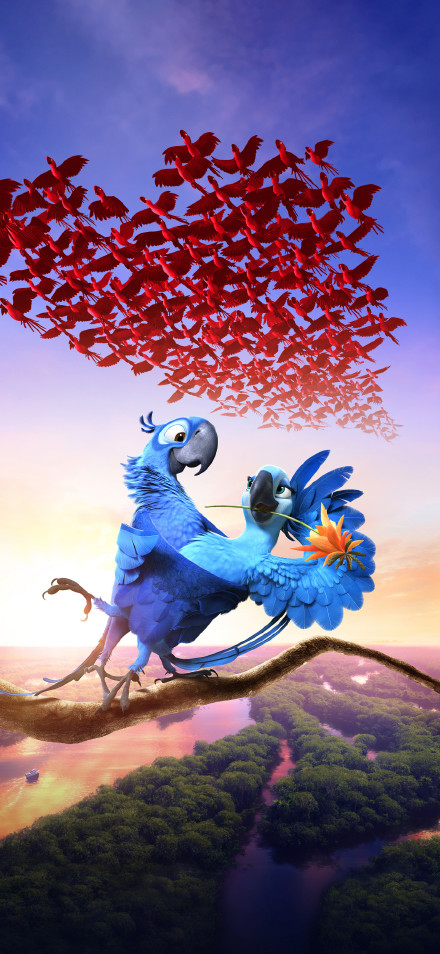 Rio Adventure phone wallpaper: Blue parrots over the forest