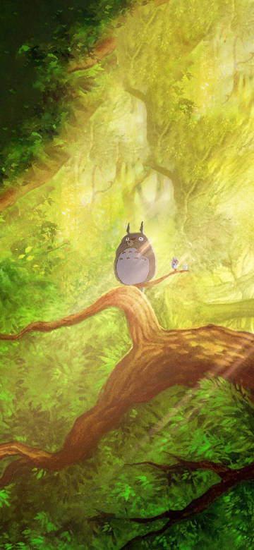 Totoro standing on a branch in the forest phone wallpaper