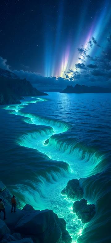 Magical Glowing Blue Waves Under An Aurora 4K Wallpaper