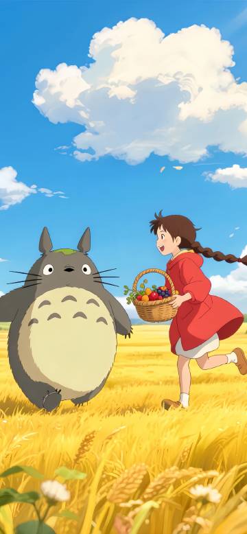 Totoro and little girl in the field phone wallpaper