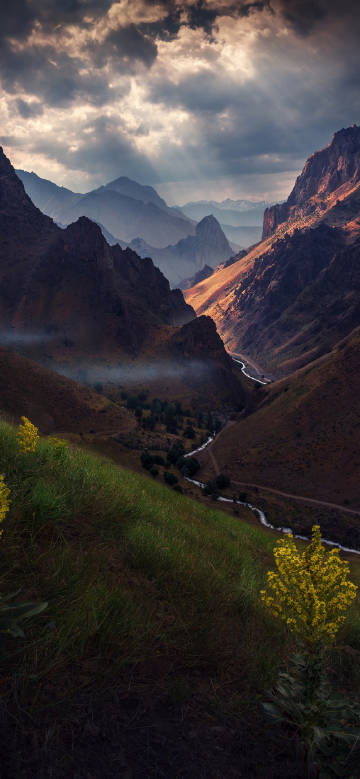 Magnificent natural landscape of a winding stream in the valley