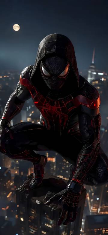 Spider-Man Crouching on a Skyscraper 4K Phone Wallpaper