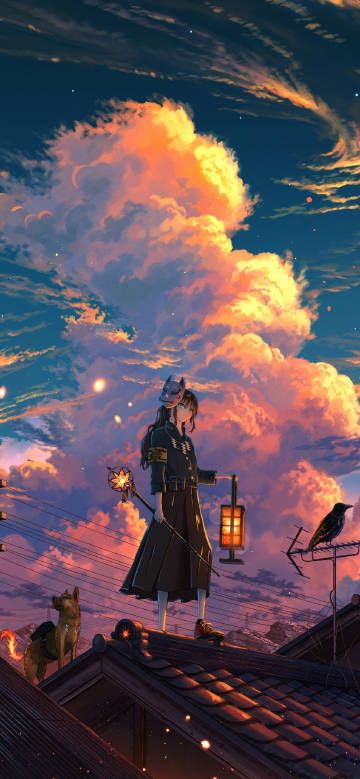 Japanese Anime Girl with Fox Mask at Sunset 4K Phone Wallpaper Japanese Anime Girl with Fox Mask at Sunset 4K Phone Wallpaper