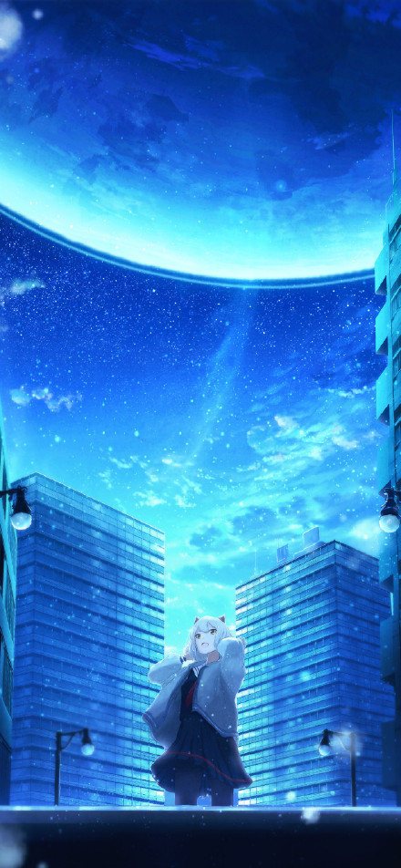 Blues Winter wallpaper: Anime girl among the skyscrapers