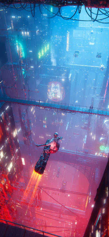 Aerial journey in cyberpunk night city phone wallpaper
