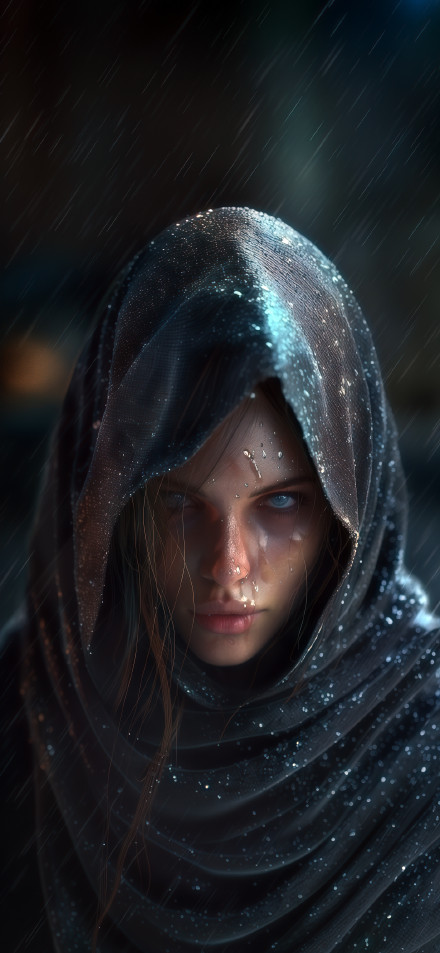 Mysterious Woman with Hood in the Rain 4K Wallpaper