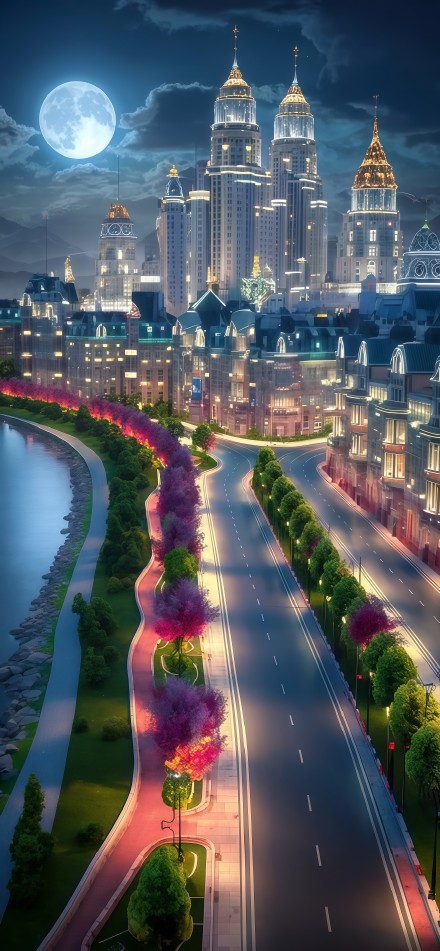Dreamy city night scene under moonlight phone wallpaper