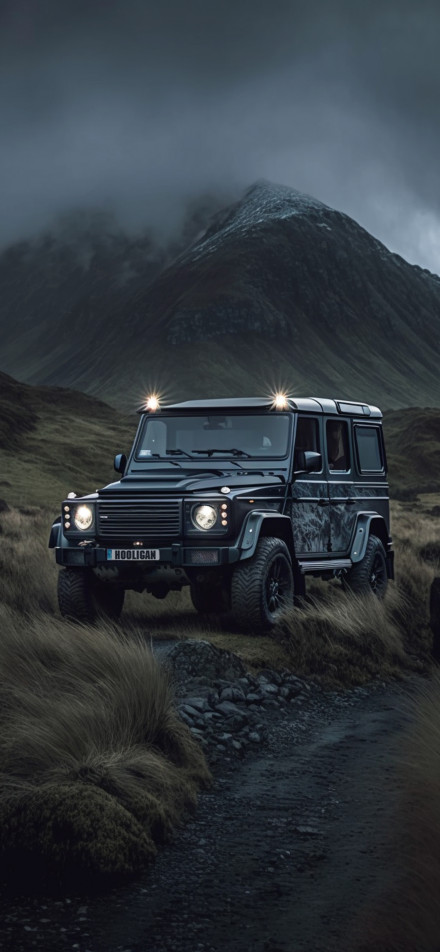 Black Mercedes SUV parked at the foot of the mountain 4K wallpaper