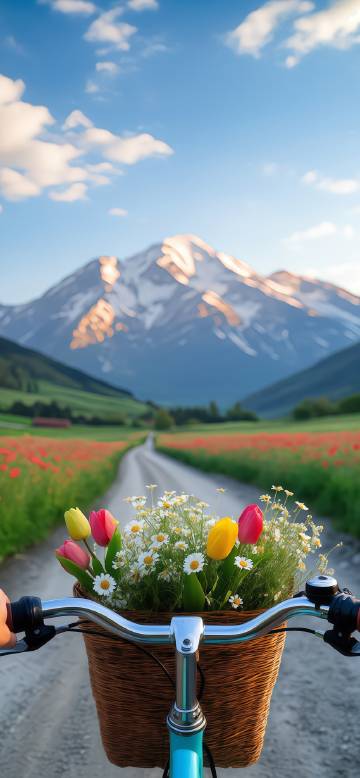 Ride and admire flowers and snowy mountains