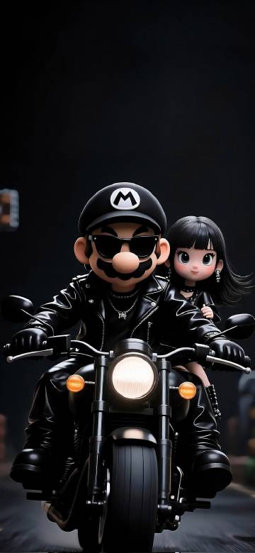 Mario wearing black leather riding a motorcycle with a girl anime wallpaper