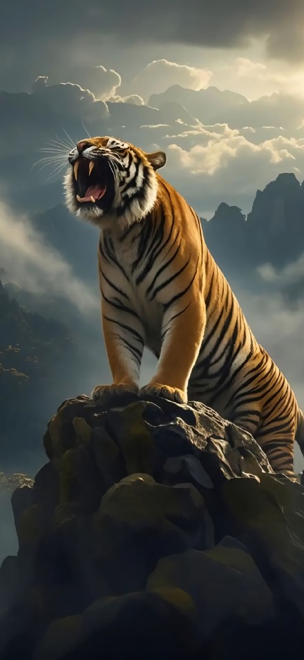 A tiger stands majestically on a rock and roars