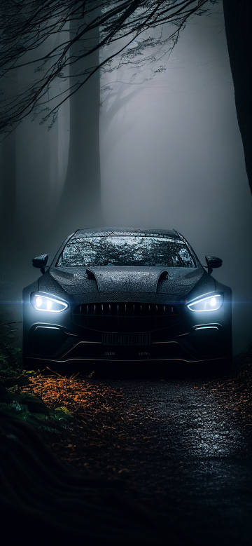 Black Aston Martin in a Foggy Forest 4K Phone Wallpaper Black Aston Martin in a Foggy Forest 4K Phone Wallpaper