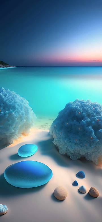 Fantasy seaside wallpaper: sunset, blue sea, colorful pebbles