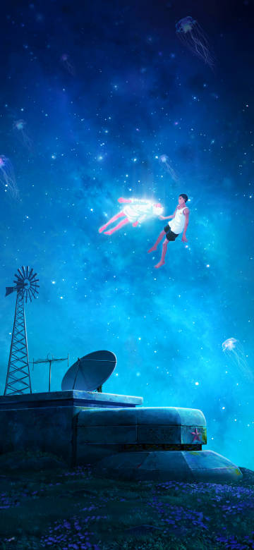 Fantasy night sky floating dream cartoon wallpaper