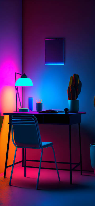 A Desk and Chair Under Neon Lights 4K Wallpaper