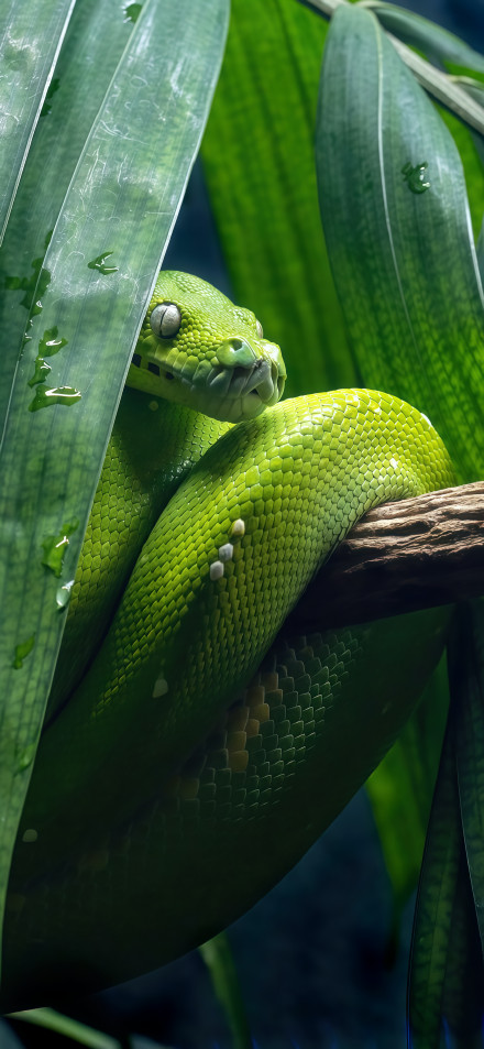 A bright green snake coiled around a branch phone wallpaper