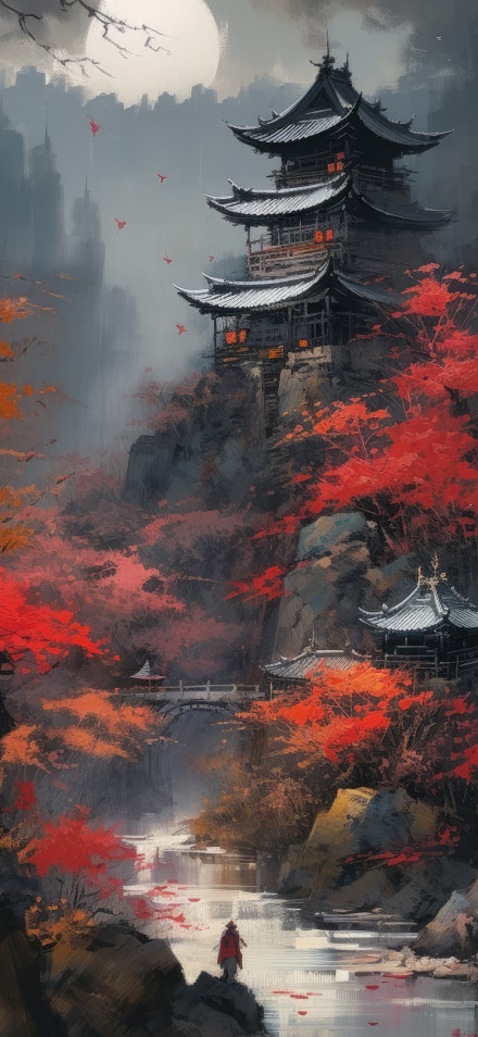 Red Maple Tree Beneath the Ancient Tower 4K Illustration Wallpaper