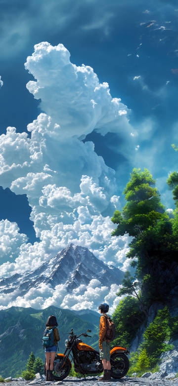 Anime Boy And Girl On Bike Together On The Peaks