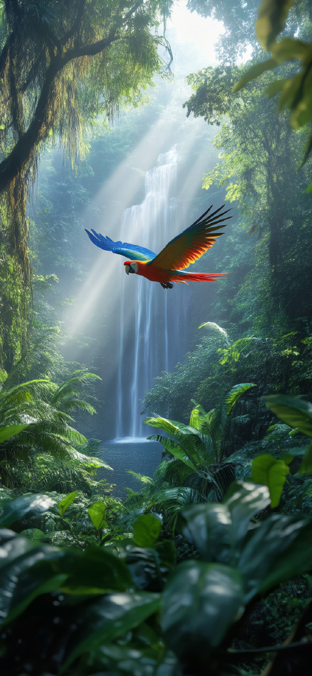 Colorful parrot flying in the forest phone wallpaper