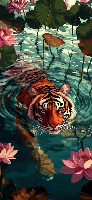 A tiger in the lotus pond oil painting wallpaper