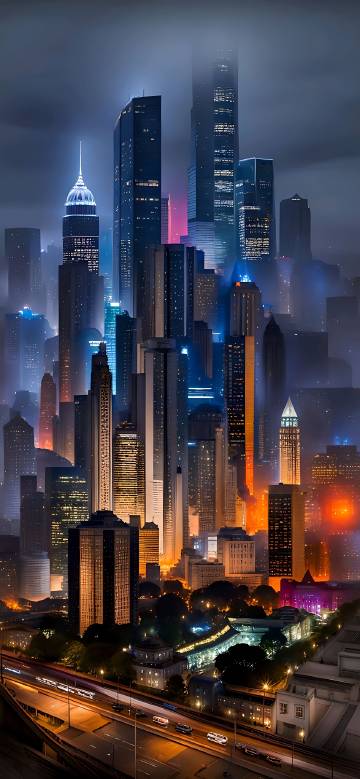 Neon Lit Skyscrapers in Fog 4K Wallpaper Neon Lit Skyscrapers in Fog 4K Wallpaper