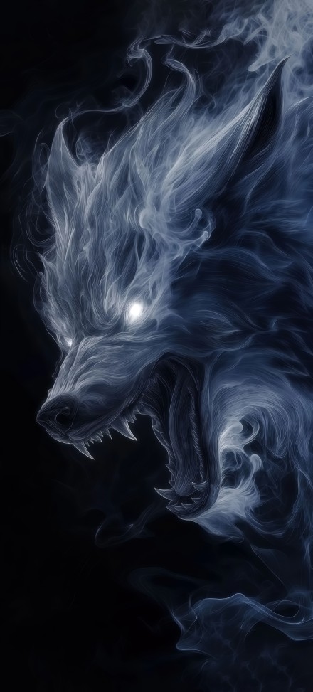 Roaring wolf in smoke against black background