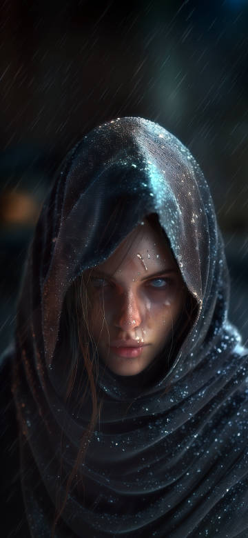 Mysterious Woman with Hood in the Rain 4K Wallpaper