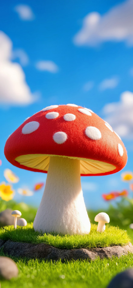 A large red mushroom with fluff under the blue sky