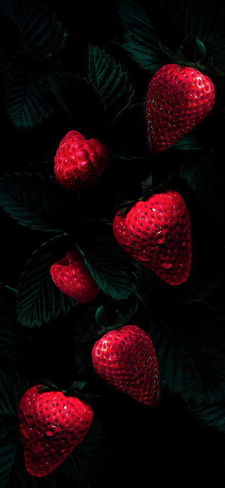 Red strawberry with water drops on black background