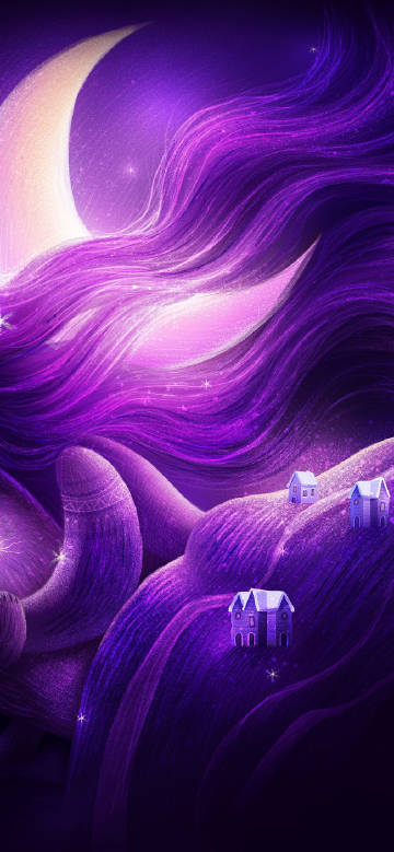 Moonlight and little houses in purple night phone wallpaper