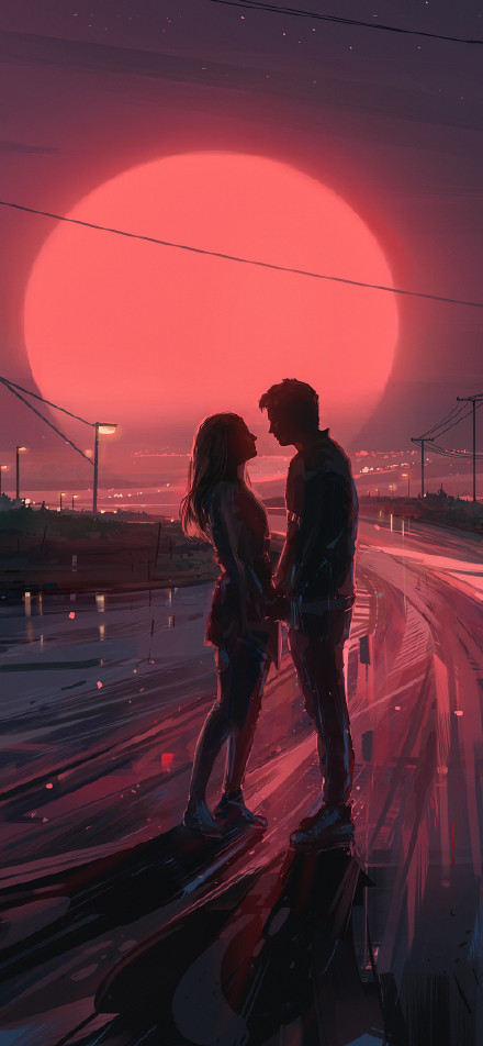 Romantic couple under a giant red moon