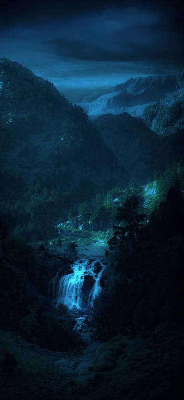 Blue Waterfall in a Dark Mountain Valley 4K Phone Wallpaper Blue Waterfall in a Dark Mountain Valley 4K Phone Wallpaper