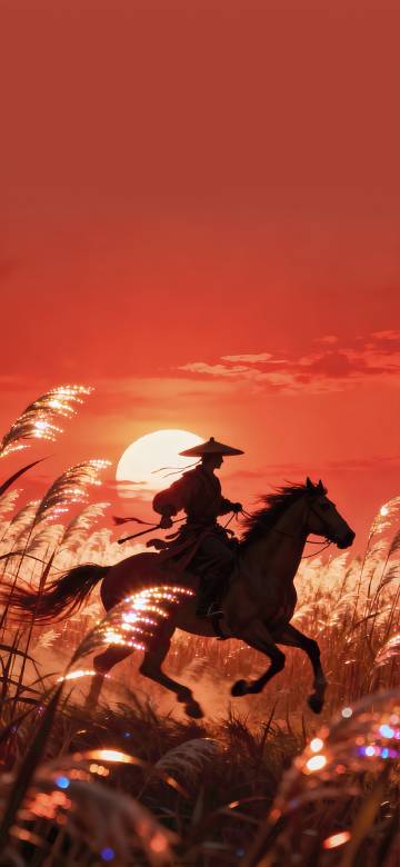 Samurai Riding Horse Under A Blood Red Sunset 4K Wallpaper