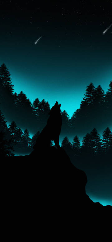 A wolf on a rock howling at the night sky