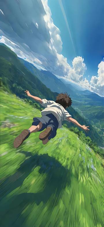 Morishima Hodaka Running with Open Arms on the Hillside