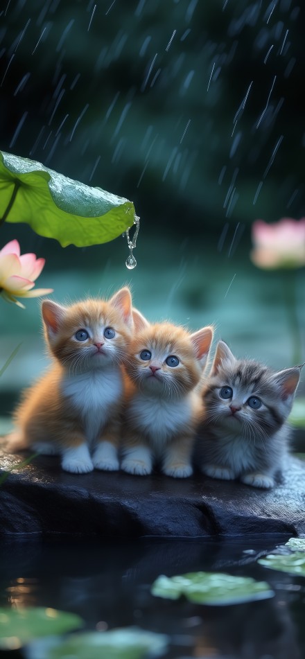 Kitten hiding from the rain under the lotus leaf phone wallpaper