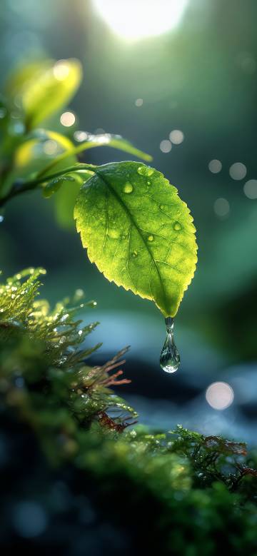 Water drops hanging on the green leaves phone wallpaper