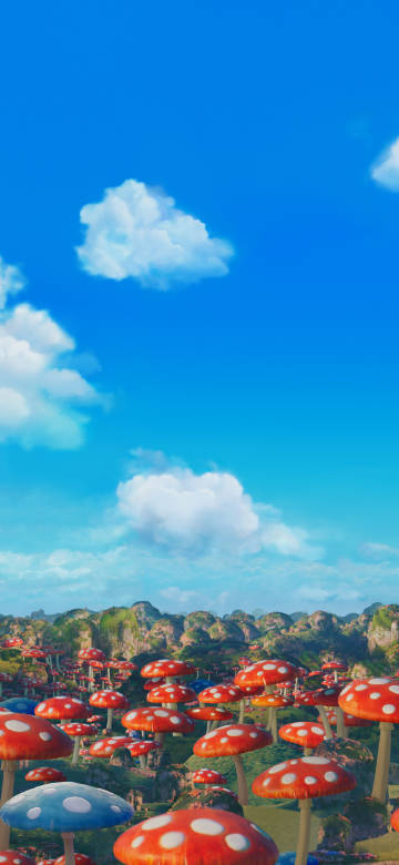 Blue sky, White Clouds, Colorful Mushrooms 4K Wallpaper