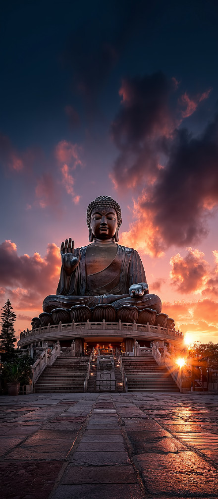 Giant Stone Buddha Statue at Sunset 4K Wallpaper