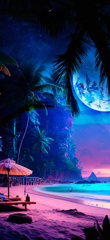 Dreamy Tropical Beach Night 4K Wallpaper: Palm Trees, Giant Planet