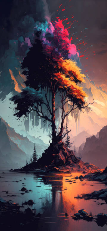 Colorful Magic Tree By A Mountain Lake