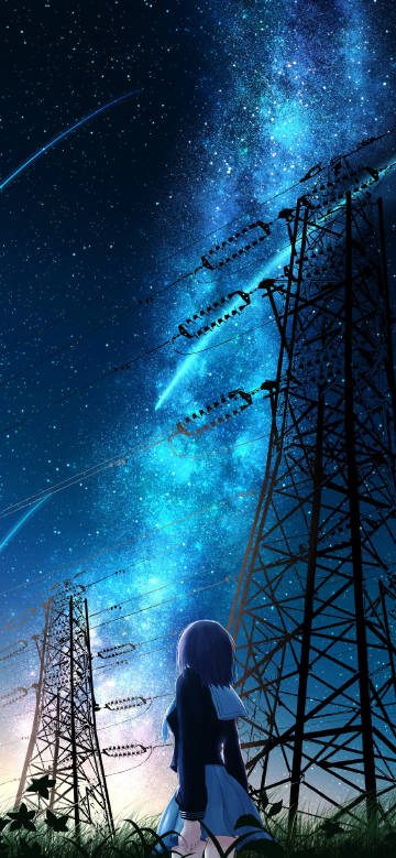 Anime Girl Gazing at the Milky Way by Power Lines