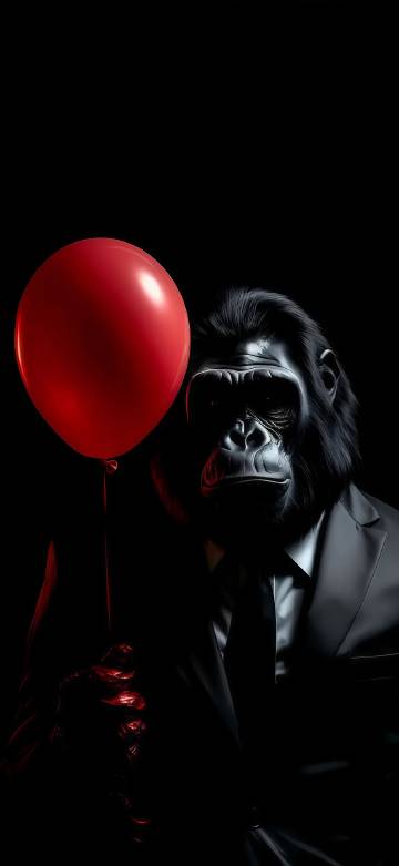 Gorilla in suit holding red balloon on black background