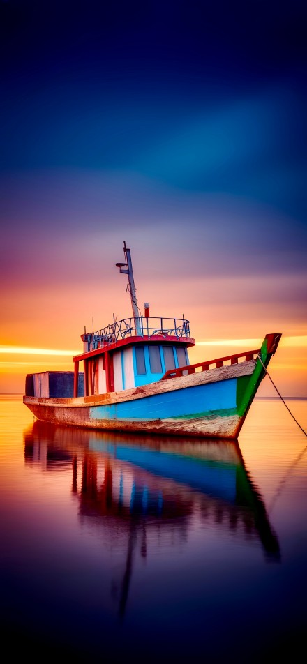Colorful Fishing Boat on Calm Still Water 4K Wallpaper