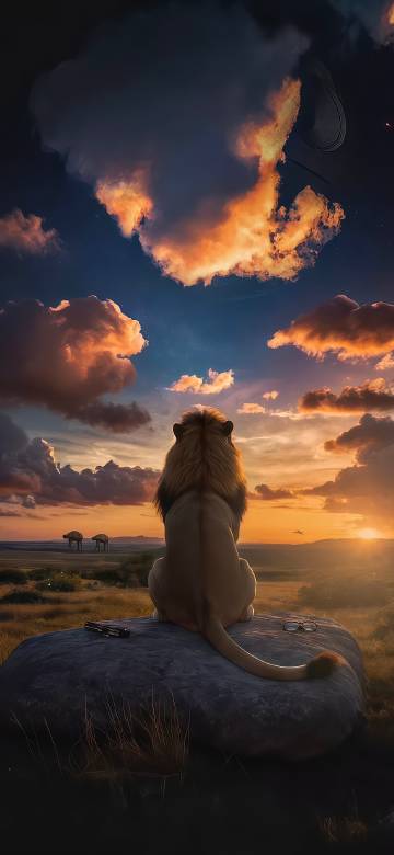 Male lion on a rock watching a magnificent sunset phone wallpaper