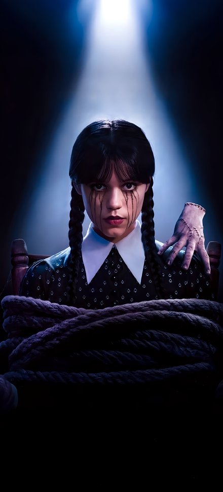 Wednesday Addams Tied in Spotlight, Gothic Aesthetic Wallpaper