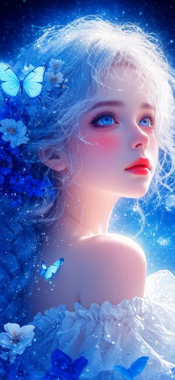 Dreamy girl accompanied by flowers and butterflies