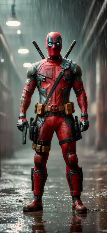 Deadpool in a Red Suit in the Rain Wallpaper 4K