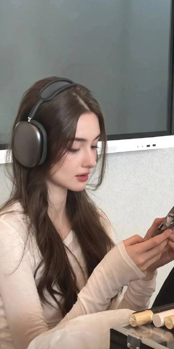 Girl wearing headphones playing with mobile phone