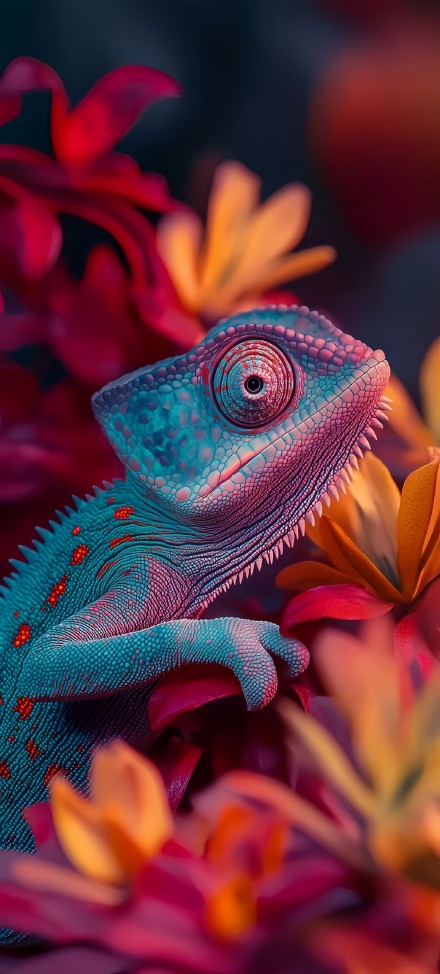 Colorful Chameleon Among Flowers 4K Wallpaper
